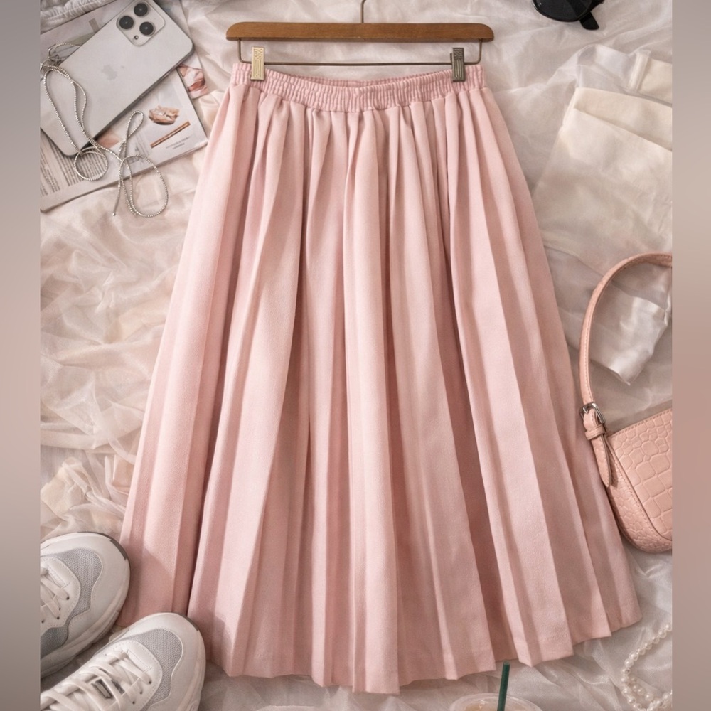 Vintage 90s Pink pleated midi skirt elastic waist Coquette Balletcore